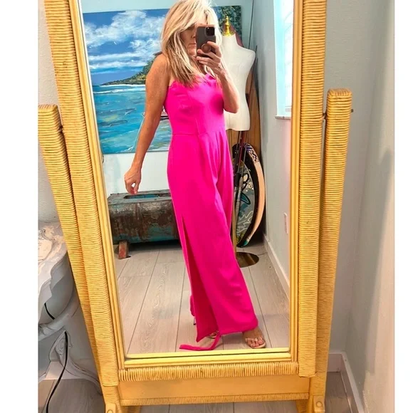 Lucy Paris,Striking Natalie Strapless Fuchsia Wide-Leg Jumpsuit EUC Size Medium - Picture 2 of 5